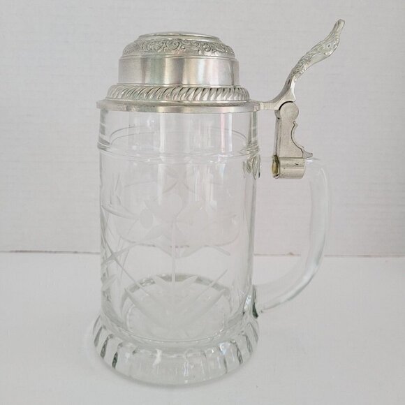 Vintage BFM-N West Germany Etched Crystal Clear Glass Beer Stein Pewter Lid - Picture 1 of 11